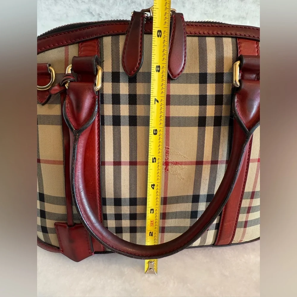 BURBERRY Vintage Haymarket Check Satchel with Red Leather Trim Handbag - Picture 15 of 17